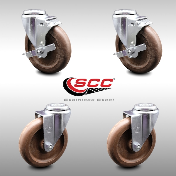 4 Inch SS High Temp Glass Filled Nylon Swivel Bolt Hole Caster Set with 2 Brakes